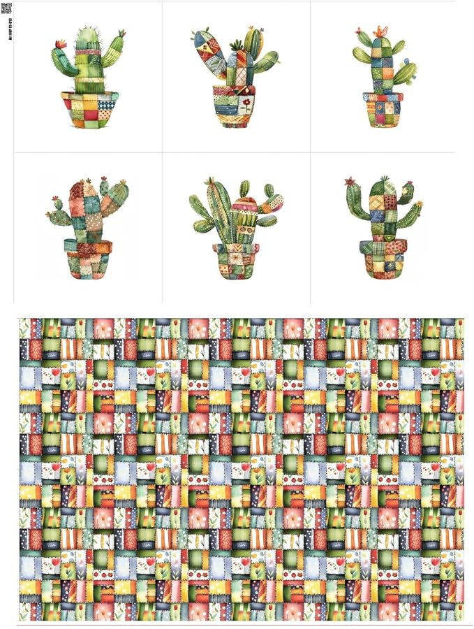 Patchwork Cactus Cotton Fabric Panel – Six 10×10 inch Designs + Bonus 29.5×19.6 by FabricsTown