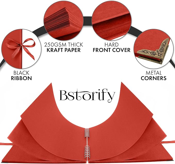Bstorify Square Scrapbook Photo Albums 80 Pages Red Thick Paper, Ribbon Closure - Image 3