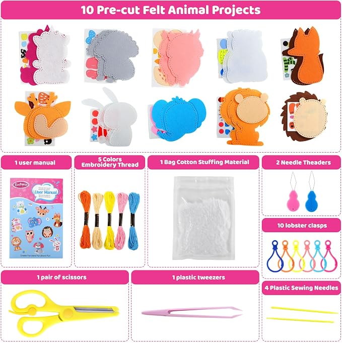 Funtopia Sewing Kit for Kids, 10 Easy DIY Projects of Stuffed Animal - Image 5