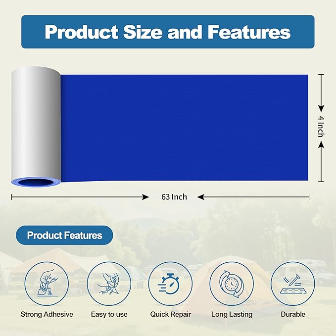 KING MOUNTAIN Self Adhesive Nylon Fabric Repair Tape, 4×63 Inches, Quick Down Jacket Repair Patch, Waterproof Outdoor Gear Patch Kit for Tent,Backpacks,Umbrella, Gloves, Sleeping Bag (Blue