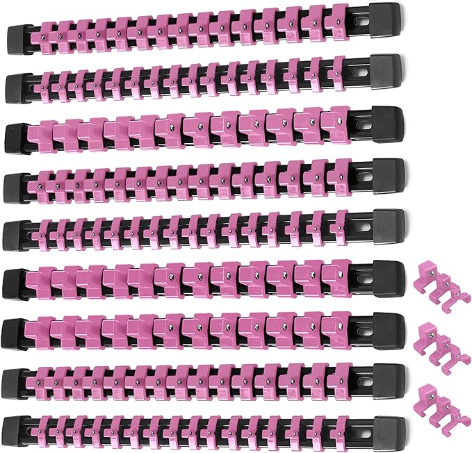 ALOANES 9pc ABS Socket Organizer Set, 1/2, 3/8 & 1/4 inch Drive Rail Holders, Heavy Duty Racks with Black Rails & Pink Clips