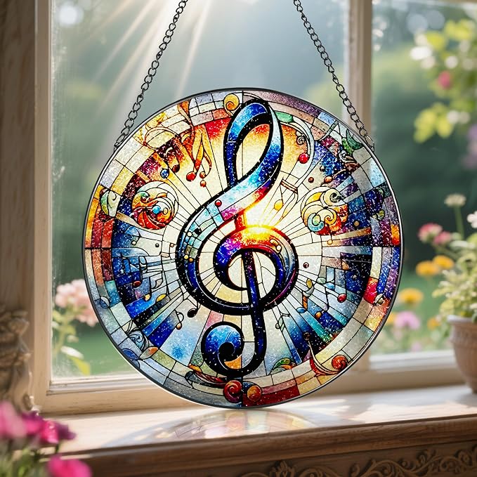 Stained Glass Window Hanging, LAOWEIKI 8'' Musical Note Suncatcher, Stained - Image 5