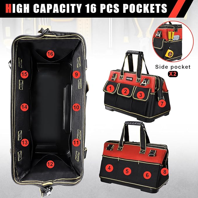 17 in Tool Bag For Men with Waterproof Molded Base, High Capacity Wide Mouth Tote, Construction Worker Electricians Tool Bags, Large Tool Bag Organizer for Men Women (Red)