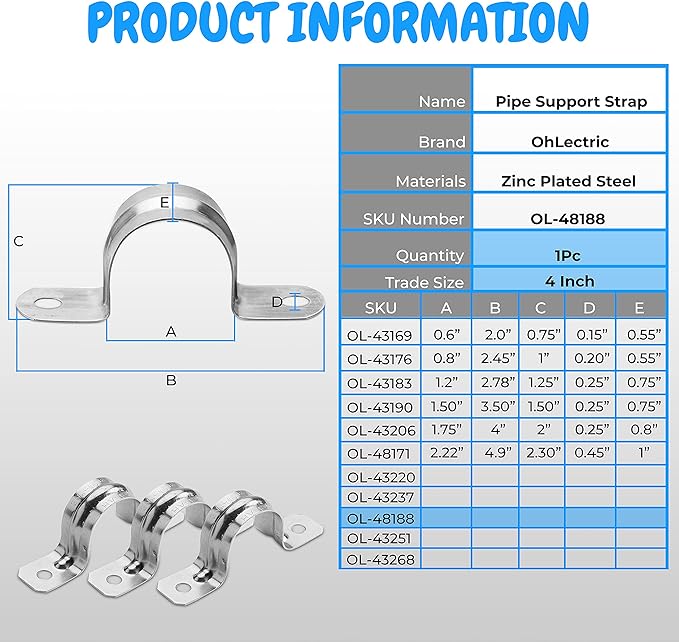 OhLectric Two Hole Rigid Pipe Strap - Sturdy Steel Strap Clamps - Zinc Plated Steel - Reinforced Rib - Corrosion Resistant - Easy to Install - 4 Inches - OL-48188