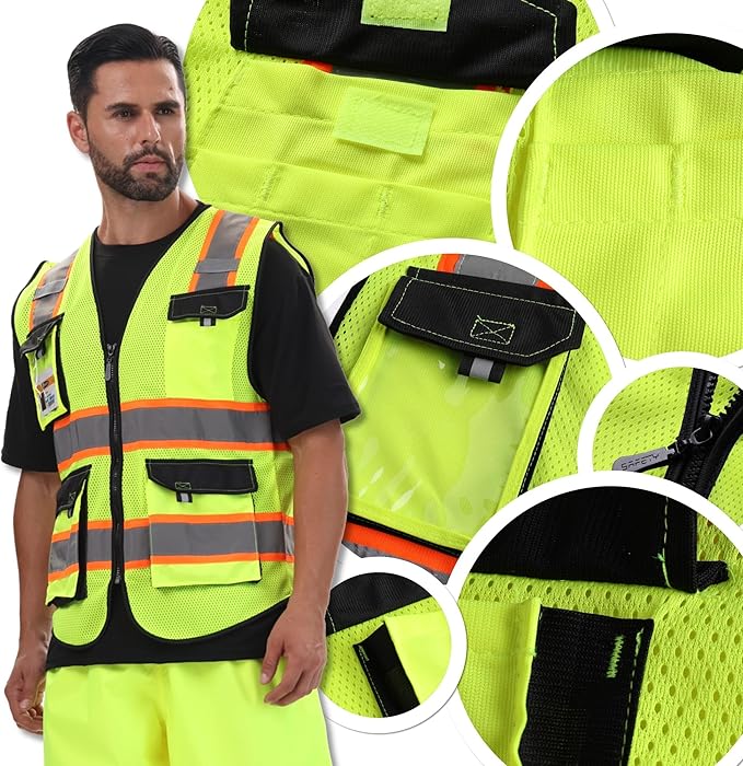 JKSafety Hi Vis Reflective Safety Vests for Men Women High Visibility Vest with Pockets Mesh Fabric Construction Safety Apparel Neon Vest for Work (220-Yellow 5XL)