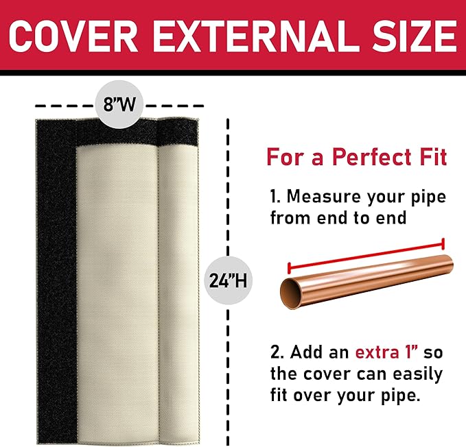 Redford Supply Co. Cold Snap (5°F) Outdoor Pipe Insulation Foam Tube, 8"W x 24"H, Outside PVC Wrap, Pipes Covers for Inside, Water Pipe Insulation Foam Tube, Insulating Outdoor Pipes (Beige)
