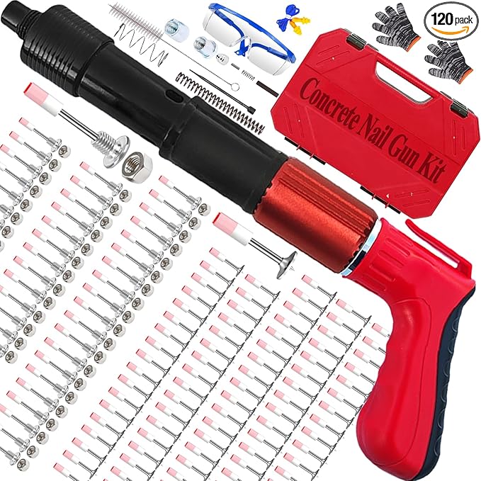 Concrete Nail Gun Kit with 120pcs Nails,5 Speed Adjustable Manual Mini Steel Nail Gun,Portable Nailer Gun, Wood working and Decoration- Built in Air Nailer for Red Brick Walls,Concrete Walls