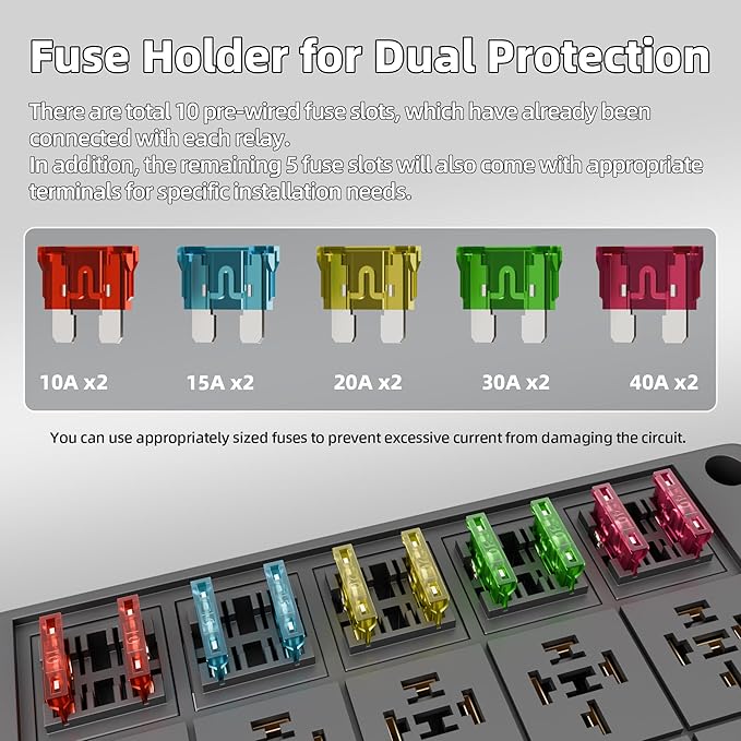 DaierTek Relay Box 12V 10 Way Relay Block and 10 Way ATC/ATO Blade Fuse Panel Pre-Wired Dustproof Fuse Relay Box for Automotive Car Marine Boat
