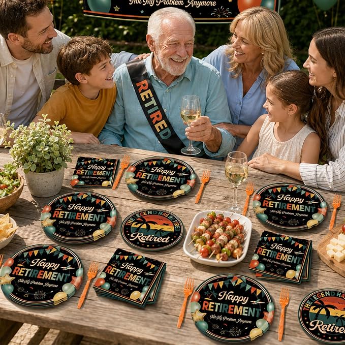Qyeahkj 100 Pcs Retirement Party Plates and Napkins Set Happy Retired Birthday - Image 7