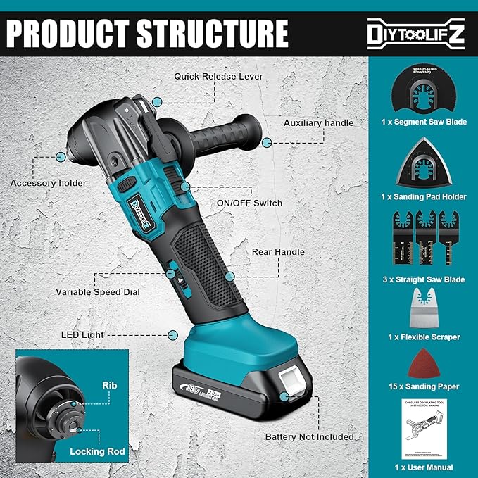 Cordless Oscillating Tool Compatible with Makita 18V Battery, 6 Variable Speed Brushless Tool, Oscillating multi tool kit for Cutting Wood Drywall Nails Remove Grout & Sanding(No Battery）