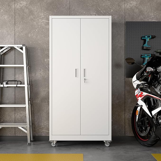 71" H×32" W×16" D Garage Storage Cabinet with Wheels, Locking Metal Storage Cabinet with 5 Adjustable Shelves, 4 Hooks and Pegboard for Garage, Home Office, Kitchen, Assembly Required, White