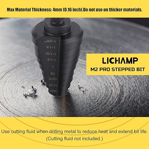 Lichamp Unibit Step Drill Bit for Metal, Genuine M2 Drill Stepper Bit for Hard Metal Heavy Duty, 11 Sizes from 1/4" to 1-3/8", Dual Straight Grooved with Hex Drive, A2BK