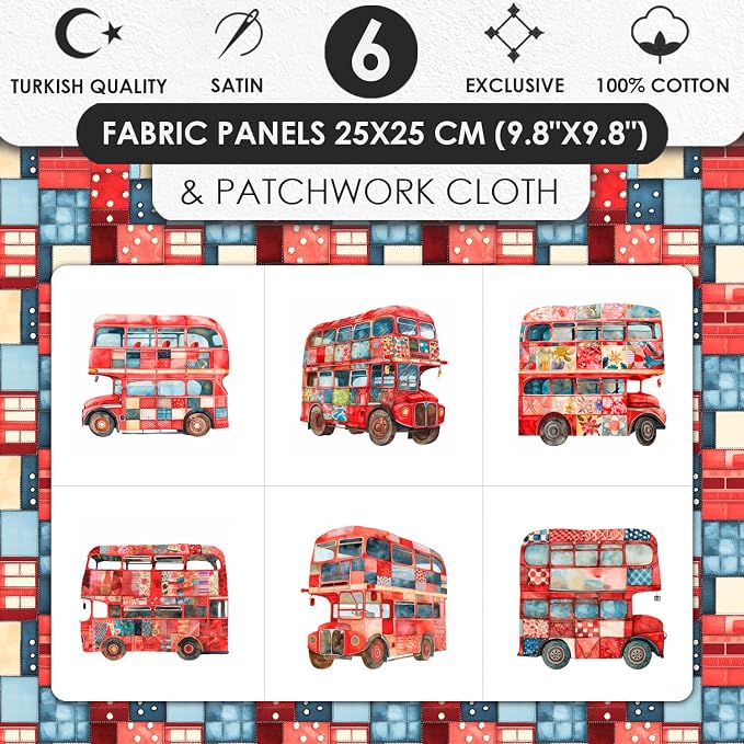 Patchwork Double-Decker Bus Cotton Fabric Panel – 6 Designs + Bonus Sheet - Image 3