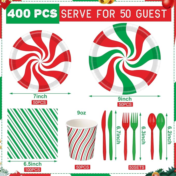 Pickmesh 400 Pcs Christmas Peppermint Candy Paper Plates Napkins Cups Cutlery - Image 3