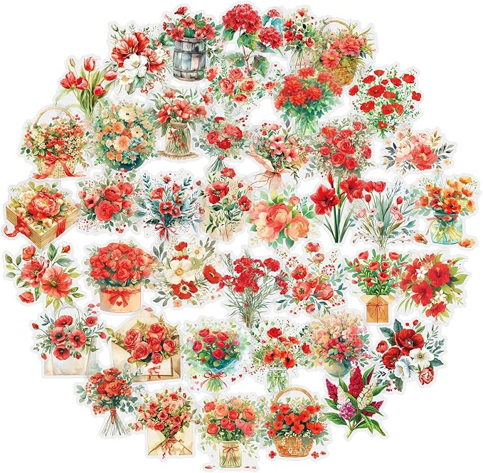 50pcs Red Flower Stickers for Scrapbooking by YOKSAS