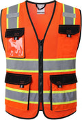 JKSafety Hi Vis Reflective Safety Vests for Men Women High Visibility Vest with Pockets Mesh Fabric Construction Safety Apparel Neon Vest for Work (220-Orange M)