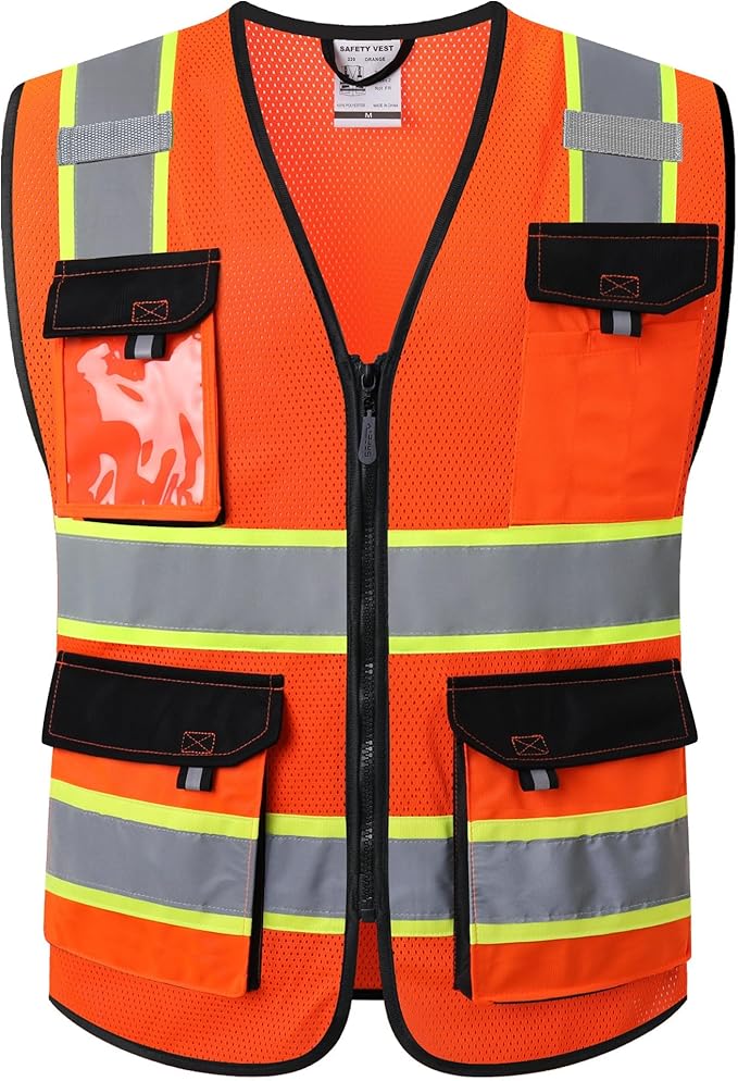 JKSafety Hi Vis Reflective Safety Vests for Men Women High Visibility Vest with Pockets Mesh Fabric Construction Safety Apparel Neon Vest for Work (220-Orange XXL)