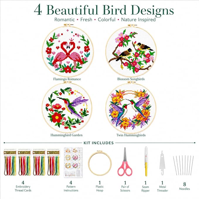 Zhenqing Cross Stitch Kit for Beginners 4 Pack Bird Floral Embroidery Kit 11CT - Image 2