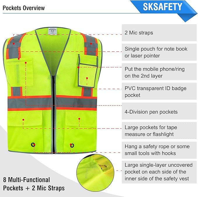 SKSAFETY 10 Pockets Safety Vest, Class 2 High Visibility Security with Zipper Double-sided mesh, Hi Vis Vest with Reflective Strips, ANSI/ISEA Standard, Construction Work Vest （Lime, XL）