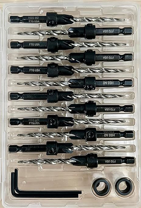 FTG USA 12 Pc #10 (3/16") Countersink Drill Bit Set with Depth Stop Collar, Hex Wrench - Tapered Drill Bits for Wood
