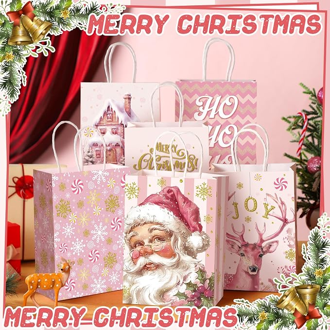 Kolldenn 48 Pcs Pink Christmas Party Favors Bags Christmas Goodie Gift Bags - Image 5