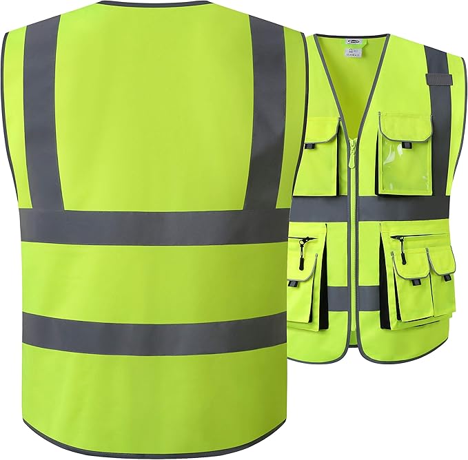 JKSafety 10 Pocket Class 2 High Visibility Zipper Front Yellow Safety Vest with High Reflective Strips - Meets ANSI/ISEA Standards (Large)