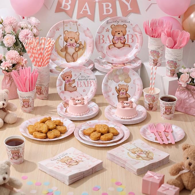 450 Pcs Pink Bear Baby Shower Tableware Set Decorations We Can Bearly Wait - Image 6
