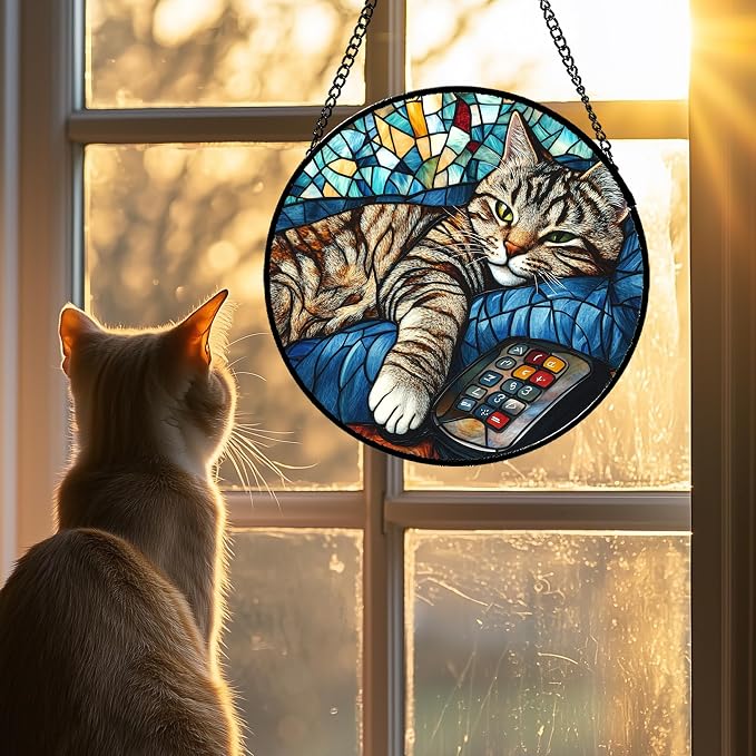 DASTOLL Stained Glass Window Hanging Gray Cat and Remote Control 7.8" - Image 2