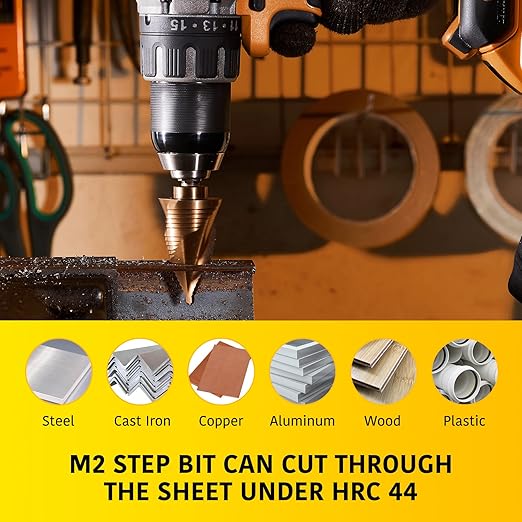 3 Sizes M2 Step Drill Bit, 7/8", 1-1/8", 1-3/8" Titanium Cone Drill Bits for Steel Metal Sheet Hole Drilling Cutting, Multiple Hole Sprial Unibit, Stepped Up Bits Home Tools