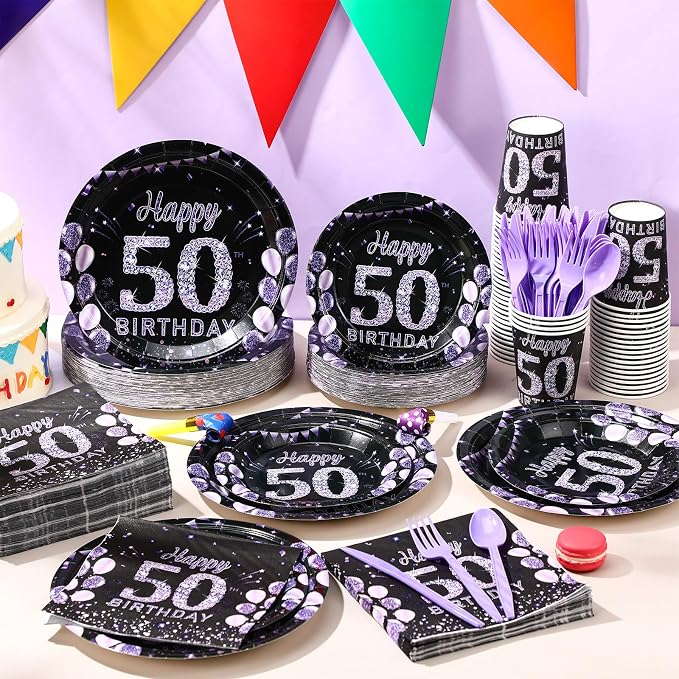 Pickmesh 400 Pcs 50th Birthday Party Supplies Purple Black Happy 50th Birthday - Image 6