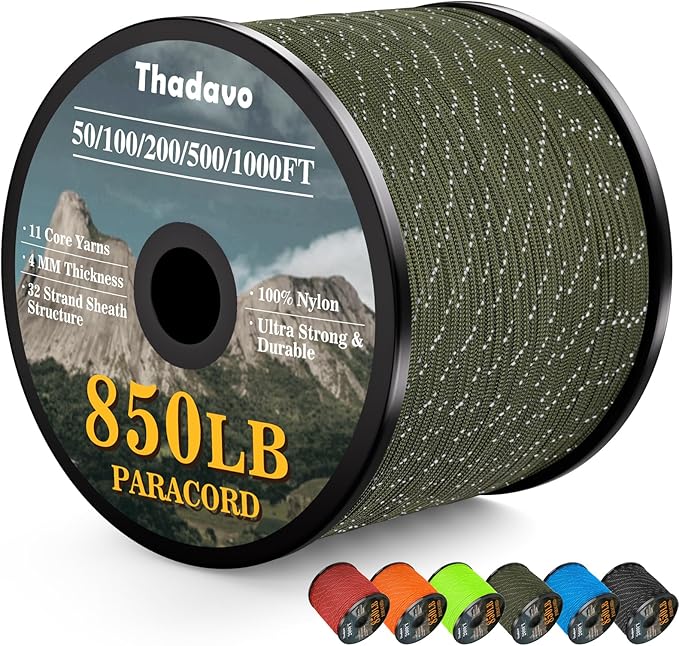 Paracord Reflective Rope 850Ib, 50/100/200/500/1000ft 4MM 11 Strand Parachute Cords, Tactical Paracord String for Camping, Fishing, Clothesline, Hammock, Tent, Bracelet, Army Green 500FT