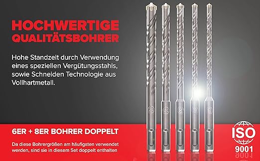 KSP-TEC® | Carbide - Cross Tipped SDS-Plus Rotary Hammer Drill and Chisle Bit Set with Storage Case for Masonry, Concrete, Brick, Stone (11pcs)