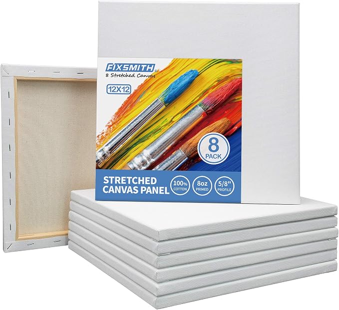 FIXSMITH Stretched White Blank Canvas- 12x12 Inch, Bulk Pack of 8, 100% Cotton by FIXSMITH