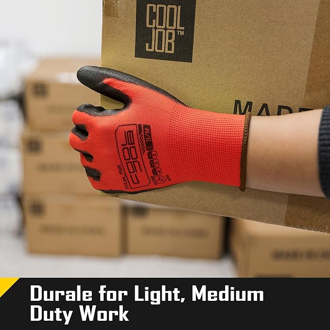 COOLJOB 12/60 Pairs Safety Work Gloves Pack Bulk with Grip PU Coating, 13 Gauge Seamless Knit Gloves with Polyurethane Dipped for Warehouse Working, Breathable Lightweight for Men Women, Red Small