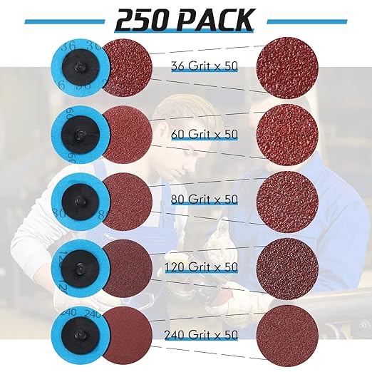 Chumia 250 Pcs Mix Roll Lock Discs Set 36 60 80 120 240 Grit 2 Inch Sanding Discs Die Grinder Accessories Aluminum Oxide Surface Conditioning for Surface Prep Polish Burr Paint Removal(Red)