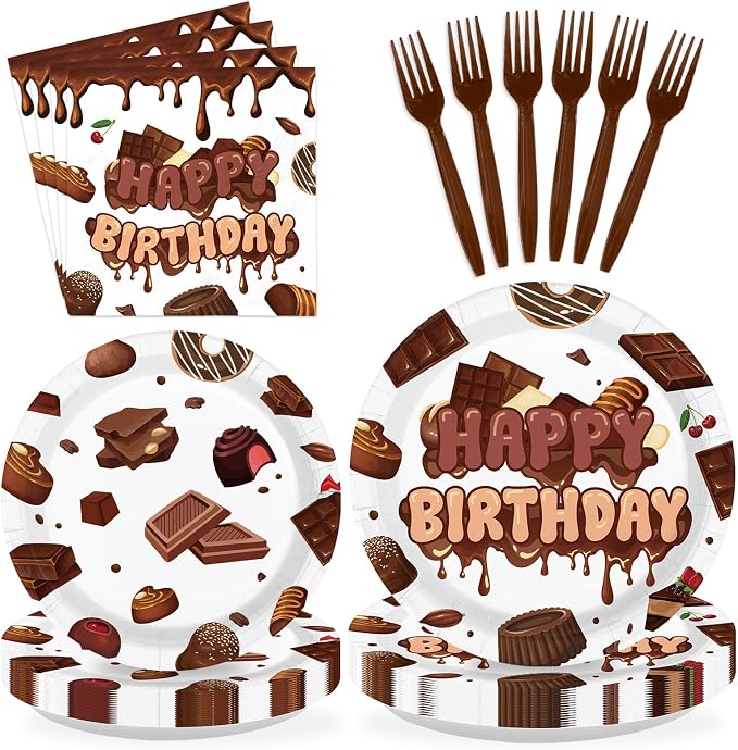 96 Pcs Chocolate Birthday Party Decoration Sweet Chocolate Plates and Napkins by Greencian