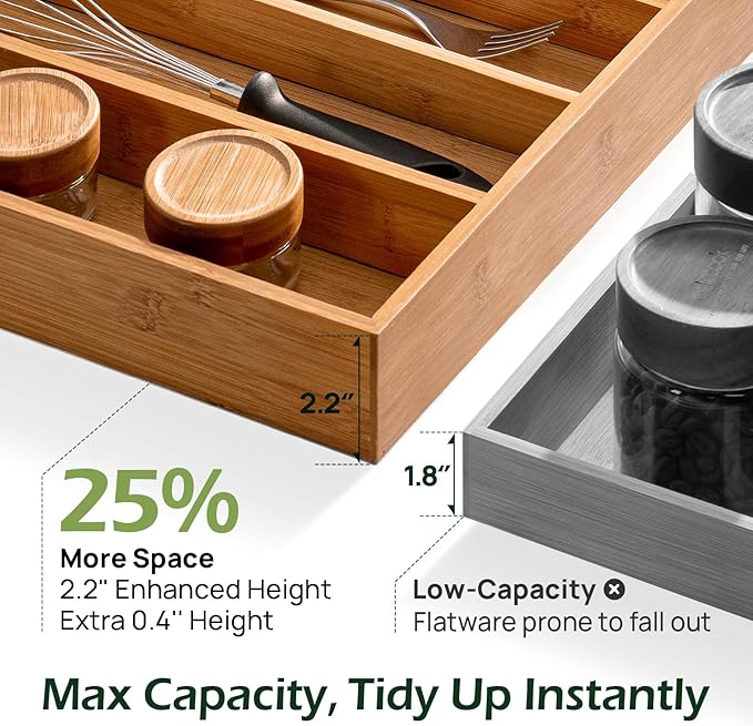 Carbonized Bamboo Kitchen Drawer Organizer, 8 Slots Silverware Organizer, Utensil Holder & Cutlery Tray, 2.2" Deep for Extra Capacity, Non-Slip Feet Included