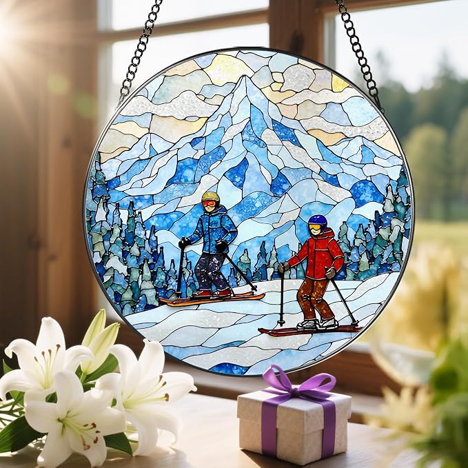 8'' Snowy Mountain Skiers Sun Catcher Ornament, Stained Glass Window Hanging - Image 6