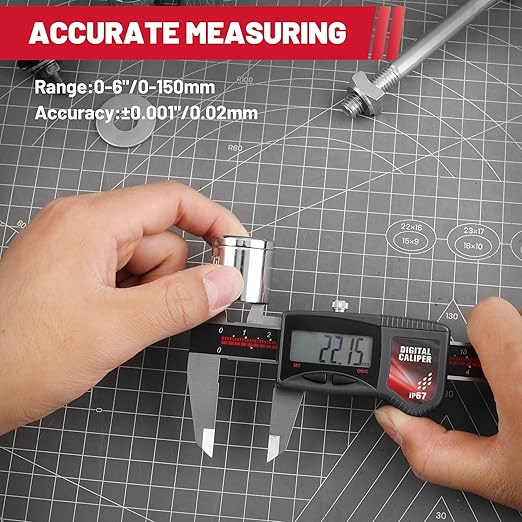 IP67 Digital Caliper Measuring Tool 0-6" Range, ±0.001" Accuracy Electric Micrometer Caliper with Large LCD Screen, Stainless Steel Electronic Digital Ruler with Auto-Off Feature