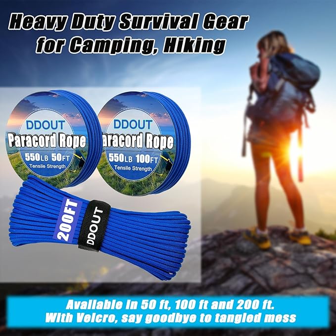 Paracord Nylon Rope Blue 100ft with 7-Strand Core, 10 Colors and 50/100/200 ft, Type III Parachute Cord 4mm for Camping, Survival, Hiking, DIY, Crafting, Outdoor Utility Rope