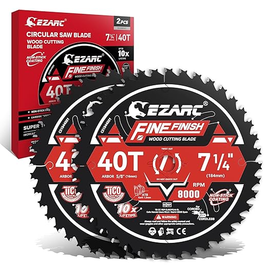 EZARC 7-1/4 Inch Circular Saw Blades 40T - FINE Finish Wood Cutting Blade, Ultra-Thin 1.5mm Kerf, Non-Stick Coating, 2 Pack