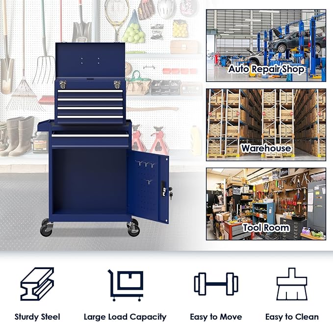 5-Drawer Tool Box with Wheels, Rolling Tool Storage Cabinet with Detachable Top Tool Chest and Locking Mechanism, Metal Tool Cart for Garage Workshop and Room Use (Blue)