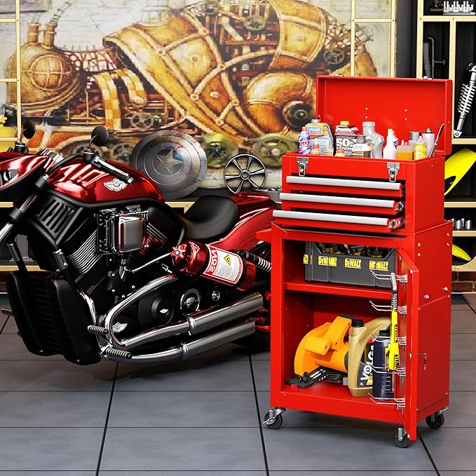 INTERGREAT Tool Chest Cabinet, 3-Drawer Rolling Tool Chest with Detachable Top Tool Box, Tool Storage Cabinet with Universal Lockable Wheels, Metal Tool Cart for Garage, Workshop, Barbershop(Red)