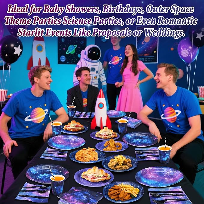 450 Pcs Space Galaxy Tableware Set Decorations, Starry Sky Paper Plates Napkins - Image 4