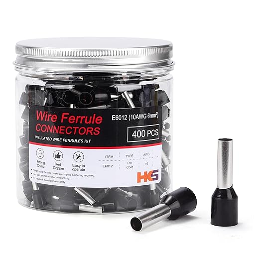 HKS 400PCS Wire Ferrule Connectors - AWG 10-6.0mm² Copper Barrel Pin Cord Ends Insulated Ferrules Terminals - E6012 Black