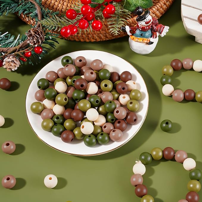 Whaline 240Pcs Christmas Wooden Beads Brown Green Beige Round Loose Bead - Image 4