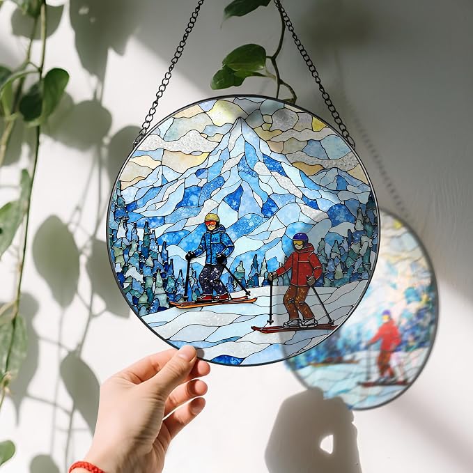 8'' Snowy Mountain Skiers Sun Catcher Ornament, Stained Glass Window Hanging - Image 3