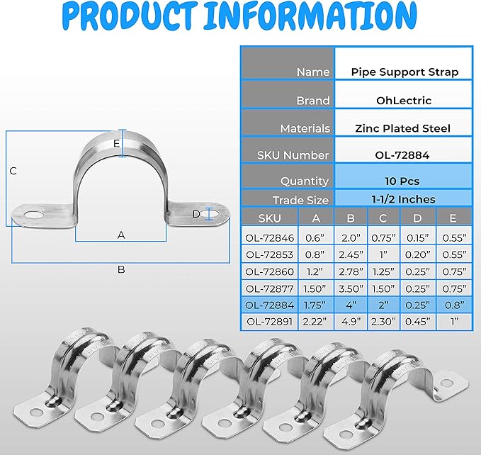OHLECTRIC Heavy Duty Pipe Strap (10 Pack - 1½ Inch) Zinc Plated Steel Conduit Clamps, 2 Hole Steel EMT Pipe Strap U Bracket, Zinc Coated Tension Tube Clip, Metal Pipe Clamp for EMT Conduits