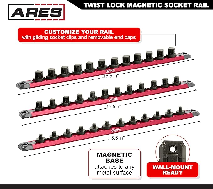 ARES 60171-3-Piece 15.5-Inch Red Twist Lock Magnetic Socket Rail Set - Store 12 Metric or SAE Sockets on Each Rail and Keep Your Tool Box Organized – Magnetic Base for Easy Socket Organization