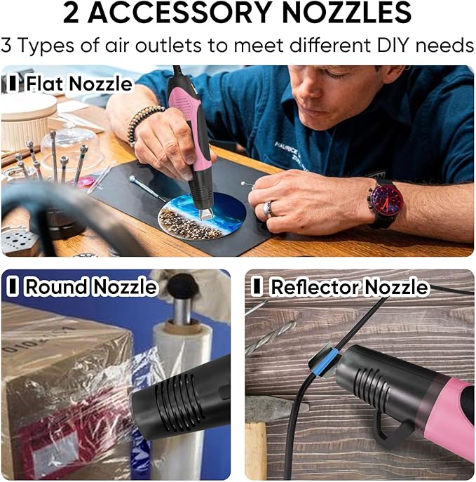 ROMECH 350W Heat Gun with 2 Nozzles, Dual Temp Heat Gun 400°F-660°F, Fast Heat Hot Air Gun with Overload Protection for DIY Craft Embossing Shrink Wrapping (Pink)